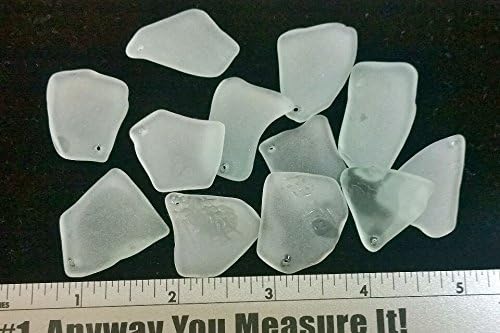 12pcs 1" Beach Sea Glass Art Beads Drilled for Jewelry Craft Charm Pendant Bracelet Making Free Form Flat ~ Recycled Tumbled (White collection)