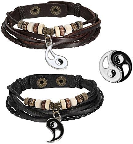 Cupimatch 2PCS Yin Yang Puzzle Matching Couples Leather Bracelet Bangle Cuff, 8.7", Yin/Yang, 22 centimeters