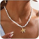BOOZIQ Gold Starfish Pendant Necklace Set for Women Starfish Earrings and Bracelet Baroque Pearl Choker Necklace Summer Ocean Beach Mermaids Jewelry for Women