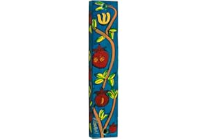 Yair Emanuel Hand-Painted 4.9 Inch Wooden Mezuzah Case with Pomegranate Design - Jewish Home Blessing Judaica Gift