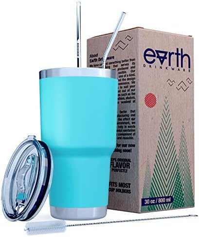 EARTH 30 oz Sky Blue Stainless Steel Tumbler with Splash Proof Lid, 2 Straws, Pipe Brush & Gift Box - Double Wall Travel Mug Flask | Vacuum Insulated Rambler Coffee Cup | BPA Free