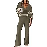 ETCYY NEW Womens 2 Piece Outfits Sweater Lounge Set Casual V Neck Knit Pajama Set Long Sleeve Top Wide Leg Pants Loungewear