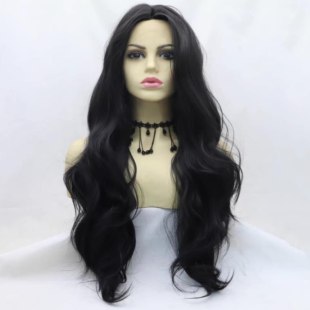 Xiweiya 1b# Black Lace Front Wig Long Black Curly Wavy Synthetic Lace Front Wig Heat Resistant Hair Natural Hairline Glueless Wig 180% Density Half Hand Tied Wig For Women Drag Queen 24inch