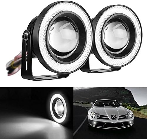 Autofier 3" High Power LED Projector Fog Light Cob with White Angel Eye Ring 10 W Set of 2 for All Cars