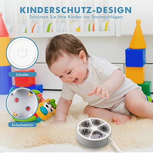 RealMade Steckdosenleiste 5 Fach, Mehrfachsteckdose mit Schalter, Verteilersteckdose Mit Kindersicherung, 1,5m Kabel Runde Mehrfachstecker, Steckerleiste für Büro Zuhause, Weiß+Grau