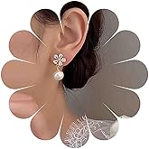 Iaceble Vintage Crystal Flower Pearl Earrings Round Pearl Dangle Earrings Rhinestone Flower Stud Earrings Gold Pearl Drop Earrings Pearl Bridal Earrings Jewelry for Women