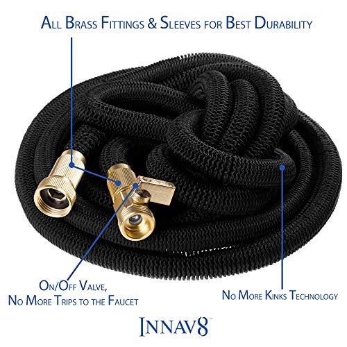 INNAV8 Expandable Garden Hose 100 FT - All New 2019 Triple Latex Core No-Kink Collapsible Water Hose - Flexible Expanding Hoses with 3/4 Solid Brass Fittings, Retractable Black Flex Pocket Hose 100FT
