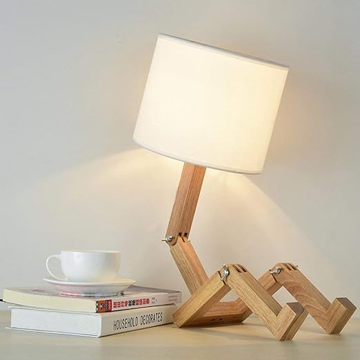 Elinkume Creativa Lampada Da Scrivania Robot Mensola Regolabile Lampada Da Comodino In Legno Con Paralumi In Tessuto E27 Vite Per Bambini Camera Da