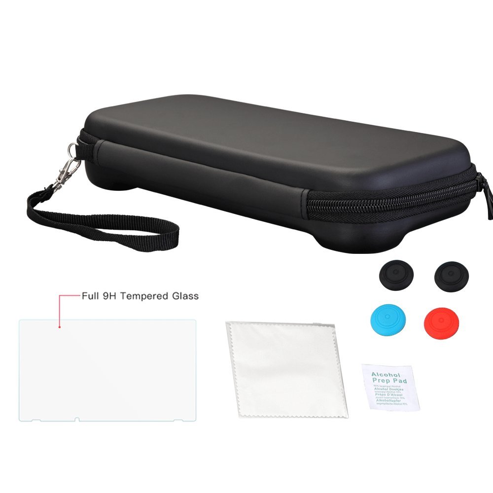 Vorida Case Compatible for Nintendo Switch, Carrying Travel Case Protective 8 Game Storage Slots & 9H Tempered Glass Screen Protector & Joy Con Grips Caps with Carrying Strap