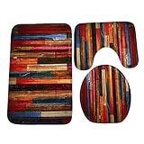 SUKEQ 3 Piece Bath Mats, Colorful Wood Grain Bathroom Carpet Rug Non Slip Bathroom Mat Set  