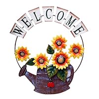 D-Foxes Vintage Iron Hanging Butterfly Sunflower Welcome Sign 12x15 inch Door Hanging Home Decor Creative Wall Decoration Yellow (Watering Pot)