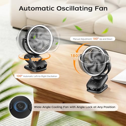 WUQNGI Mini Portable Fan, 10000 mAh Silent Table Fan, USB Powerful Desk Fan with Clamp and Timer, Oscillating, Rechargeable, LED Lights for Night Camper Stroller Office