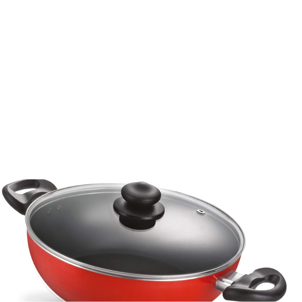 Judge by Prestige Deluxe Kadai 26 Cm Diameter with Lid 3.25 L Capacity (Aluminium|Non-Stick|Induction Bottom) - Red