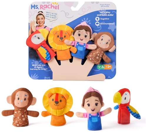 Ms. Rachel Finger Puppets Zoo Friends 4-Pack, Lion, Monkey & Parrot, Educational Toys & Animal Puppets, Toddler Toys for Girls & Boys Ages 6 Months-2+