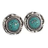 Yazilind On Sale! Retro Rimous Tibetan Sliver Turquoise Round Clip on Earrings Girls