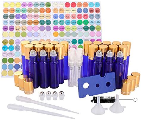 BEAUTY 10ml Essential Oil Roller Bottle (24 Pack), for Aromatherapy Oil Blends, Smooth Stainless Steel Roller Ball, Robust UV Protection Colored Glass, Leak Proof, with Rich Parts & Accessories