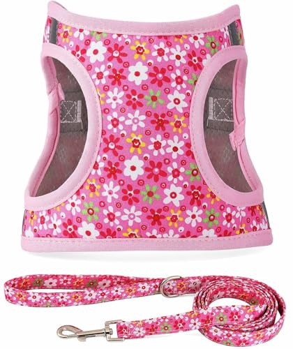 Moonpet Step in Air Dog Harness Leash Set- All Weather Reflective No-Pull Floral Pattern Padded Mesh Vest Harness for Cats Puppy Extra-Small Small Medium Large Dogs - Pink Flower L