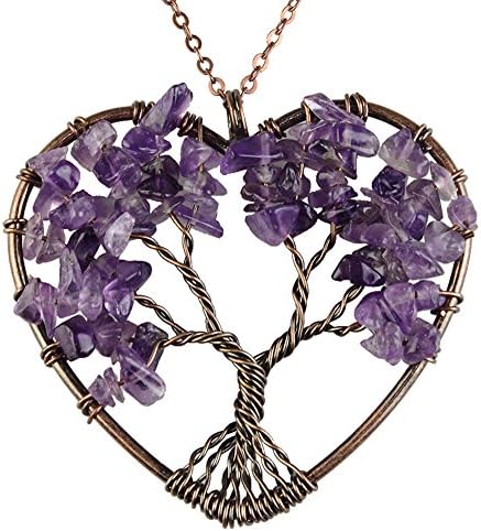 BAYUEBA Natural Necklace, Tree of life Heart Pendant, Amethyst Argentina Rhodochrosite Chakra Gemstone Jewelry Amethyst