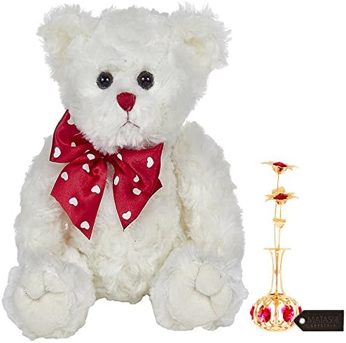 Perfect Father's Day Gift, 24K Gold Plated Sun Flowers In vase Ornament with Red Crystals Bearington Lil' Lovable Plush Stuffed Animal Teddy Bear, White 11"