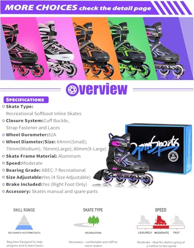 2PM Sports Adjustable Inline Skates for Girls and Boys Women Men, Sizes 30-33, 34-37, 38-41 and 42-44