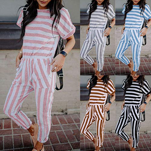 Corriee Rompers for Women Casual Summer Striped Short Sleeve O-Neck Long Jumpsuit Gray