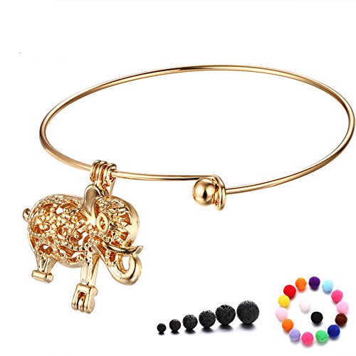 CHUYUN Gold Color Elephant Openable Aromatherapy Essential Oil Diffuser Bangle Bracelet with Lava Stone