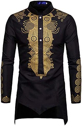 PASATO Men's Autumn Winter Luxury African Print Long Sleeve Dashiki Shirt Top Blouse
