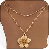 Douxsu Charm Gold Flower Y2k Layered Necklaces for Women Statement, Trendy Vintage Chunky Metal Pleated Floral Pendant Necklace Hawaiian Party Jewelry Gifts