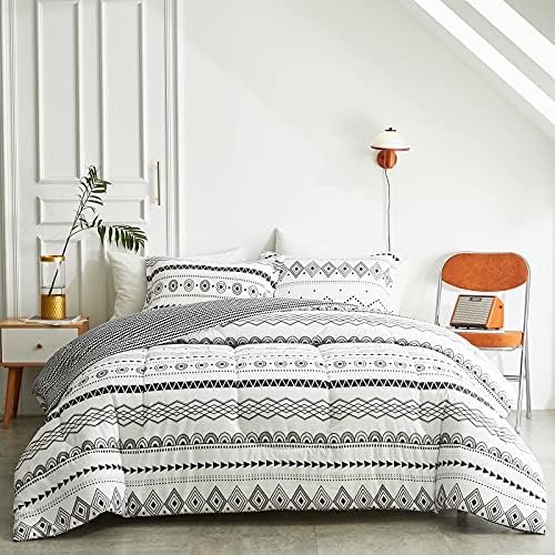 FlySheep 3 Pcs Comforter Set Queen Modern Boho White, Bohemian Aztec