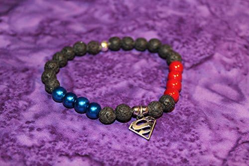 Superman bracelet with a silver skull, 8mm red beads, blue beads, and black lave beads and silver spacers, skull bracelet, men's bracelets