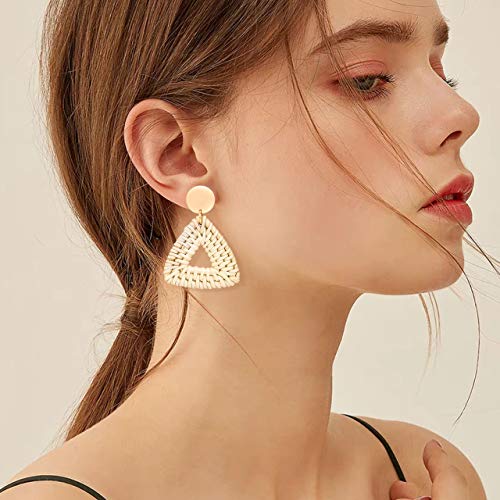 CEALXHENY Rattan Earrings for Women Handmade Straw Wicker Braid Drop Dangle Earrings Lightweight Geometric Statement Earrings (C Triangle)
