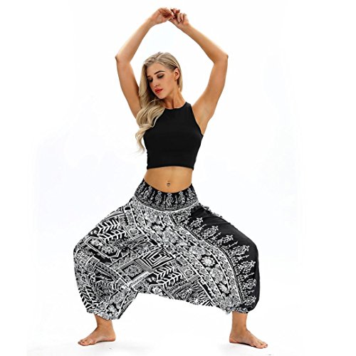 Yoga Pants,Women Casual Loose Yoga Trousers Baggy Boho Aladdin Jumpsuit Harem Pants (Black, Free Size) - Thumbnail 2