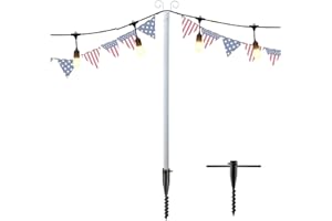 JAOTREL String Lights Pole, 8 FT Backyard Lights Outdoor Garden Terrace Residential Cafe Wedding Decoration with Rust Bracket LED or Suspended Light Solar Bulb Upgrade (White)