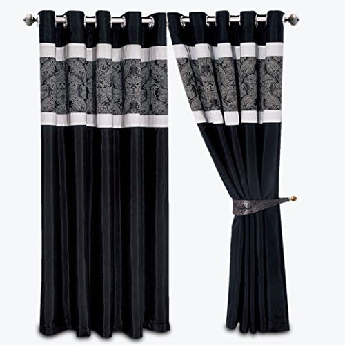 Moonlight20015 Luxury Ring Top/Tap Top and Pencil Pleat/Tap Top Opulence Curtains with 2 Free Matching Free Tie backs Curtains (Black & Silver Ring Top, 66" Width x 72" Drop)