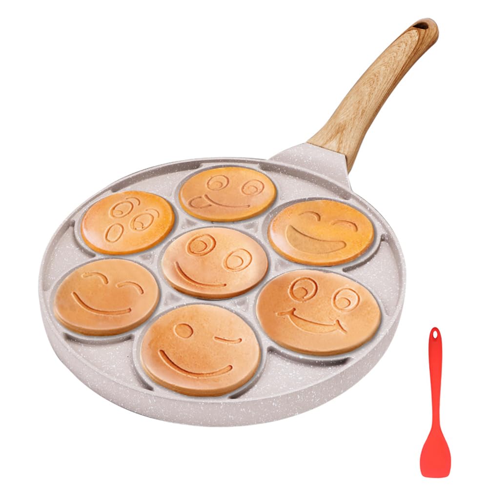 Bobikuke Smiley Face Pancake Pan, Pancake Frying Pan Non Stick 7 Holes Mini Pancake Maker for Kids Induction Compatible 26cm - White