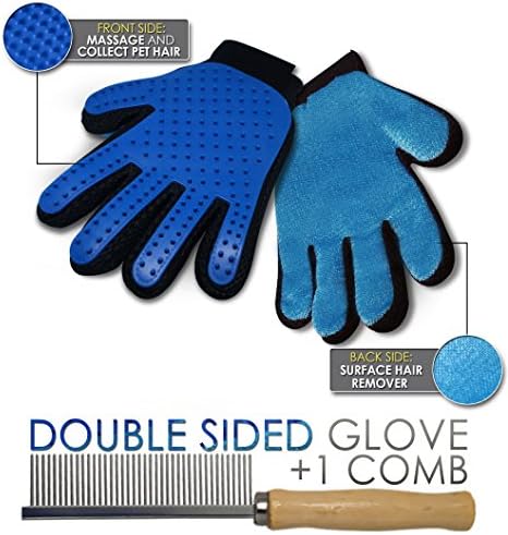 Professional Pet Grooming Glove (2 Sided) Dog and Cat Massager | Flexible Deshedding Brush and Hair Rake Removal Comb | Remove Loose Fur for Short, Medium, Long Coats