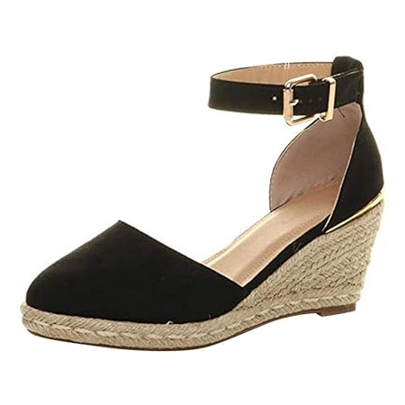 Frauen Sandalen mit Keilabsatz Espadrilles Summer Wildleder-Lederplattform 8 cm Absatzabsatz mit Knöchelriemen geschlossener Zeheschnalle mit Knöchelriemen Elegante Bequeme Plateauschuhe Schwarz