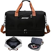 Canvas Weekender Bag for Men & Women – Large Travel Duffel with Shoe Compartment – Vintage Leather Trim Overnight Carry-On Luggage Tote for Gym, Business & Getaways (Black)