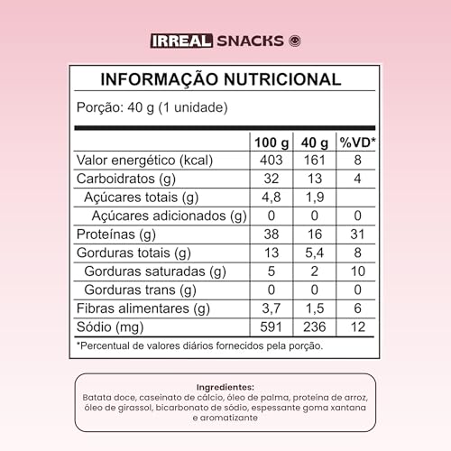 Irreal Snacks, Snack Proteico Salgado, Sabor Páprica, 40g, Feito com Batata Doce, Caseinato de Cálcio e Proteína de Arroz