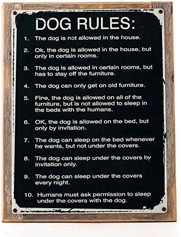 Dog Rules Metal Sign Framed on Rustic Wood , Humorous Rustic Den, Kennel