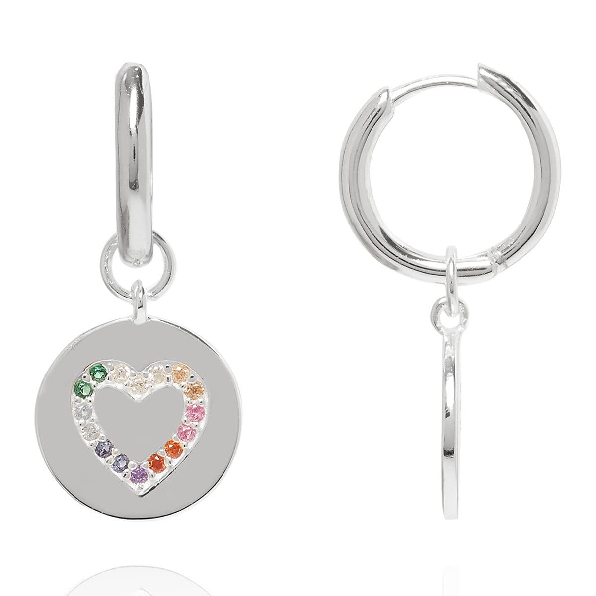 Annie Oak Womens 925 Silver Love Heart Coin Charm Huggie Rainbow Earrings