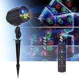 Laser Lights Christmas Projector Lights Motion Star Night Shower Outdoor Laser Show Holiday Lights RF Remote Waterproof 8 Patterns Green & Red Laser Blue LED Light for Party/Garden Decorations