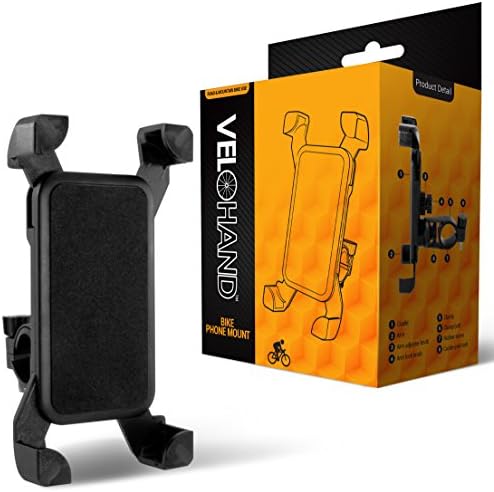 Universal Bike Phone Mount by VeloHand. Bicycle Cell Phone Holder. Easily Fitted to Handlebars of Road, Mountain or Exercise Bikes. Adjustable Cradle Securely Fits Most Mobile Phones