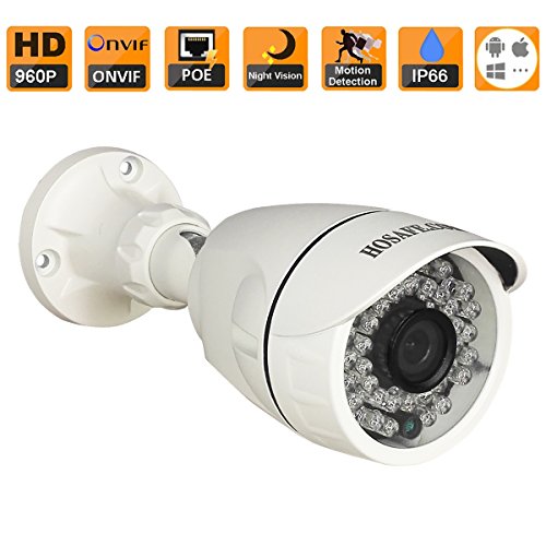 HOSAFE 13MB6P HD IP Camera POE Outdoor 1.3MP 1280x960P Night Vision ONVIF H.264 Motion Detection Email Alert Remote View Via Smart Phone/Tablet/PC, Working With Foscam IP Camera Software Blue Iris iSpy IP Camera DVR(White)