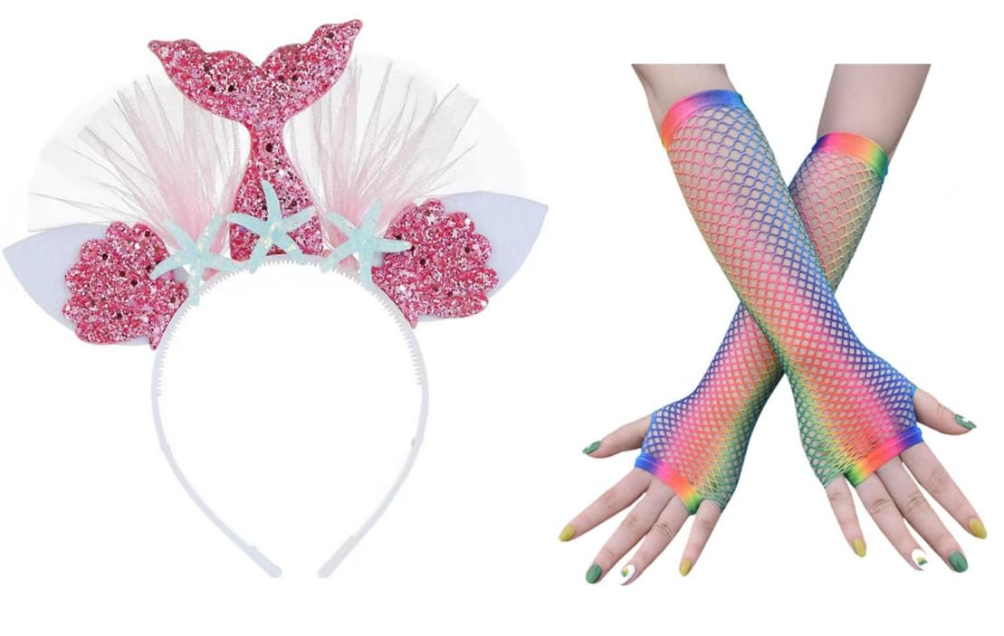 YKKJ Mermaid Hair Band, Fingerless Mesh Gloves, for Party Accessories Mermaid Theme