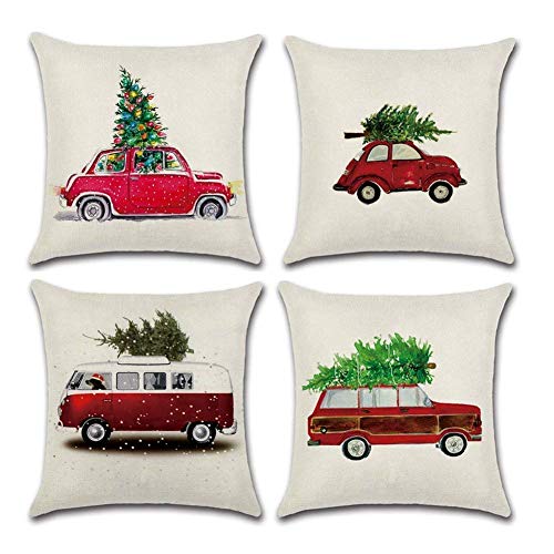 PSDWETS Christmas Decorations Pillow Covers Fall Decor Christmas Tree Red Car Cotton Linen Throw Pillow Covers Set of 4 Cushion Cover 18 X 18