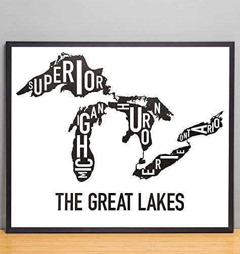 Framed Great Lakes Map, Black &amp; White, 24" x 20" in Black Frame