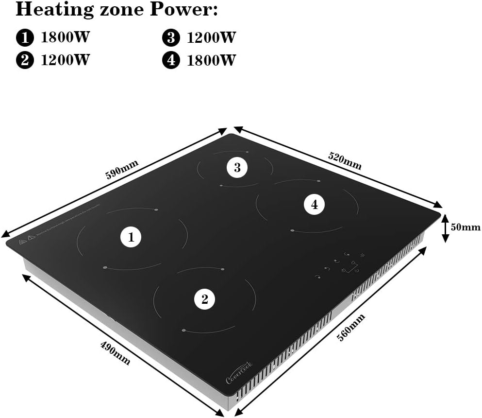 COVERCOOK Electric Ceramic Hob 60cm Cooktop, Built-in Hot Plate Black Glass Cooker Hob - Image 5