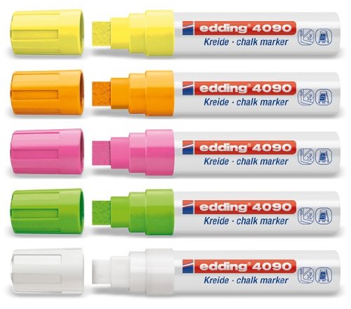 Set of 5 - Jumbo Chalk Marker Set for Windows - Edding 4090 - Variety of Colours Selectable - Neon Assortment