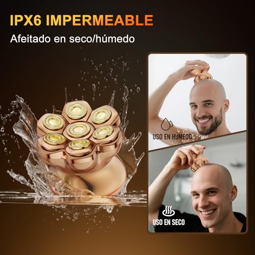 MAXGROOM Pro Men's Head Shaver, Men's Shaver, Wet and Dry Bald Shaver, 140 Mins Use, 7 Heads, Magnetic, 100% Waterproof, Gold